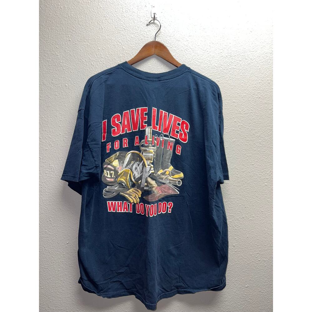 Vintage Firefighter Shirt I Save Lives For A Living Fire Fighter Blue Tee 2XL